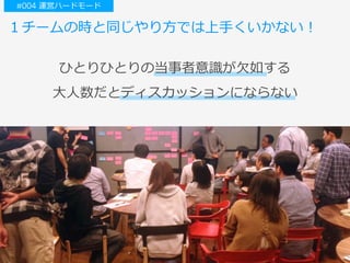 １チームの時と同じやり⽅では上⼿くいかない！
ひとりひとりの当事者意識が⽋如する
⼤⼈数だとディスカッションにならない
#004 運営ハードモード
 