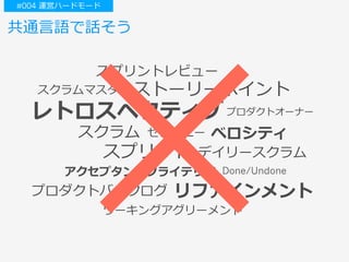 共通⾔語で話そう
レトロスペクティブ
ベロシティ
ストーリーポイント
セレモニー
スプリント
スクラム
アクセプタンスクライテリア
デイリースクラム
プロダクトバックログ リファインメント
スクラムマスター
プロダクトオーナー
スプリントレビュー
ワーキングアグリーメント
Done/Undone
#004 運営ハードモード
 
