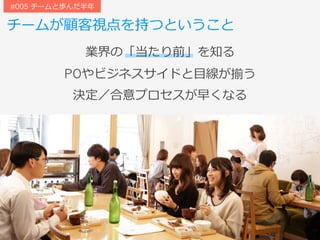 チームが顧客視点を持つということ
#005 チームと歩んだ半年
決定／合意プロセスが早くなる
業界の「当たり前」を知る
POやビジネスサイドと⽬線が揃う
 