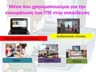 Μέσα που χρησιμοποιούμαι για την
ενσωμάτωση των ΤΠΕ στην εκπαίδευση
Ηλεκτρονικός Υπολογιστής
Διαδραστικός πίνακας
Tablet ΒίντεοΕικόνες
 