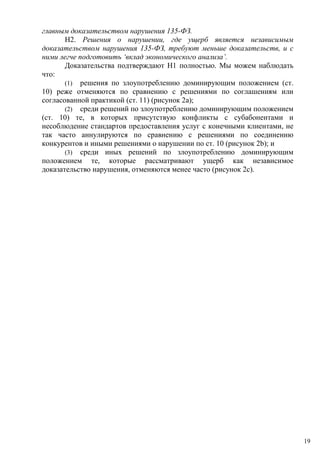 главным доказательством нарушения 135-ФЗ.
H2. Решения о нарушении, где ущерб является независимым
доказательством нарушения 135-ФЗ, требуют меньше доказательств, и с
ними легче подготовить ‘вклад экономического анализа’.
Доказательства подтверждают H1 полностью. Мы можем наблюдать
что:
(1) решения по злоупотреблению доминирующим положением (ст.
10) реже отменяются по сравнению с решениями по соглашениям или
согласованной практикой (ст. 11) (рисунок 2a);
(2) среди решений по злоупотреблению доминирующим положением
(ст. 10) те, в которых присутствую конфликты с субабонентами и
несоблюдение стандартов предоставления услуг с конечными клиентами, не
так часто аннулируются по сравнению с решениями по соединению
конкурентов и иными решениями о нарушении по ст. 10 (рисунок 2b); и
(3) среди иных решений по злоупотреблению доминирующим
положением те, которые рассматривают ущерб как независимое
доказательство нарушения, отменяются менее часто (рисунок 2c).
19
 