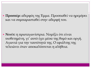  Προσπέρ: αδερφός της Έμμα. Προσπαθεί να ηρεμήσει
και να συμπαρασταθεί στην αδερφή του.
 Νινέτ: η πρωταγωνίστρια. Νομίζει ότι είναι
υιοθετημένη, γι’ αυτό έχει μέσα της θυμό και οργή.
Αγωνιά για την ταυτότητά της. Ο εφιάλτης της
τελειώνει όταν αποκαλύπτεται η αλήθεια.
 