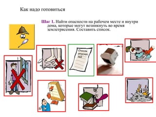 Шаг 1. Найти опасности на рабочем месте и внутри
дома, которые могут возникнуть во время
землетрясения. Составить список.
Как надо готовиться
 