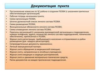 Документация пункта
• Постановление комиссии по ЧС района о создании ПСОБК (с указанием приписных
обеспечивающих организаций)
• Рабочая тетрадь начальника пункта;
• Схема организации ПСОБК;
• Штатно-должностной список личного состава ПСОБК.
• Схема размещения ПСОБК;
• Функциональные обязанности личного состава ПСОБК;
• Схема оповещения личного состава ПСОБК;
• Перечень организаций (с указанием руководителей организации и подразделения,
номера телефонов, адреса, количество личного состава подразделения, техническое
обеспечение), приписанных к ПСОБК;
• Журнал учета регистрации прибывающего населения и отправляемого в район
размещения (для каждого регистратора);
• Сопроводительные документы эвакоколонн;
• Личный эвакуационный паспорт;
• Журнал учета обращения за медицинской помощью;
• Журнал учета, направленных в лечебные учреждения;
• Журнал учета входящих и сходящих распоряжений;
• Журнал учета и движения материально-технических средств;
• Папка документов на каждое приписанное подразделение.
•
 