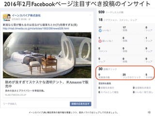 2016年2月Facebookページ注目すべき投稿のインサイト
13イーンスパイア(株) 横田秀珠の著作権を尊重しつつ、是非ノウハウはシェアして行きましょう。
 