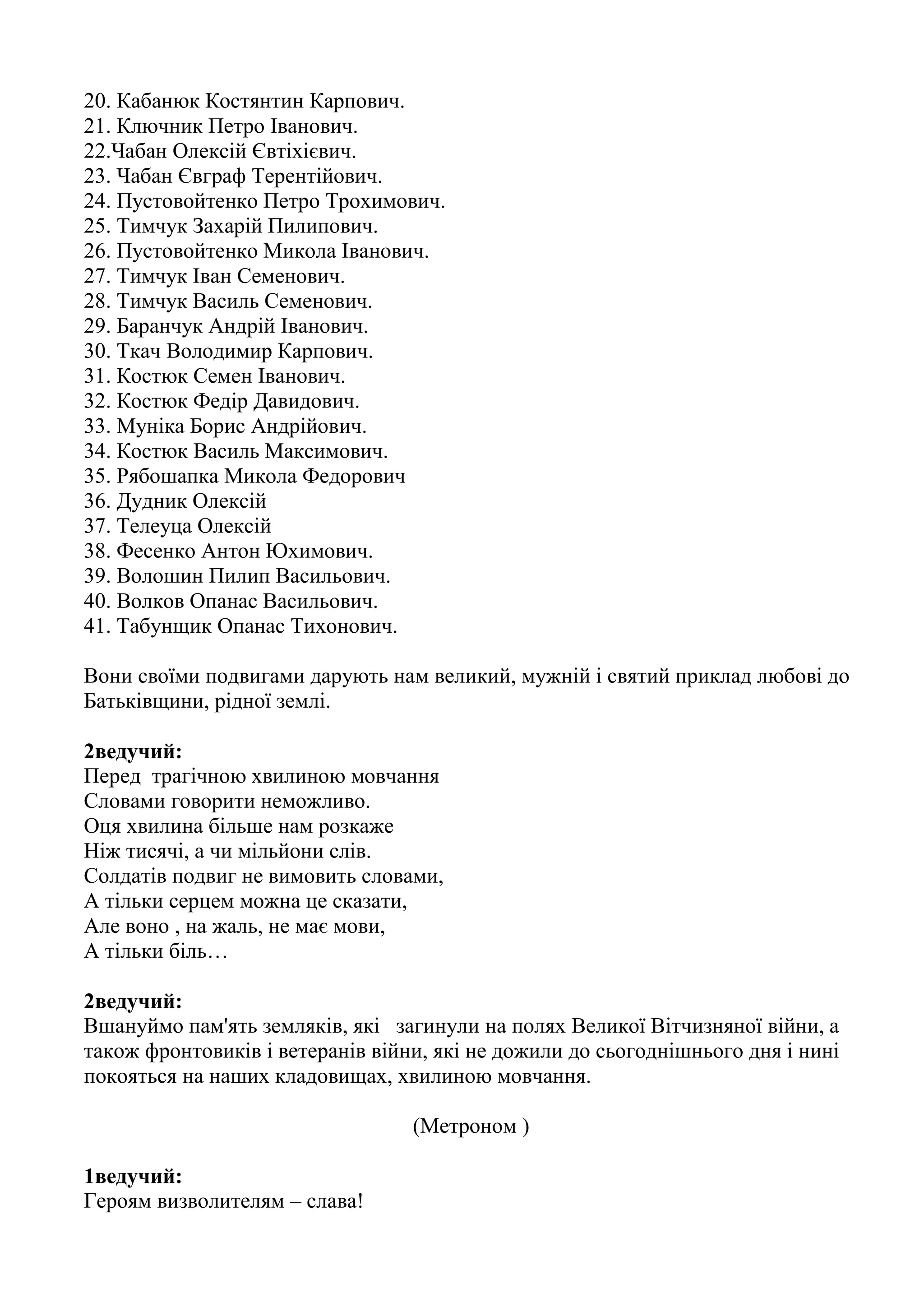 20. Кабанюк Костянтин Карпович.
21. Ключник Петро Іванович.
22.Чабан Олексій Євтіхієвич.
23. Чабан Євграф Терентійович.
24. Пустовойтенко Петро Трохимович.
25. Тимчук Захарій Пилипович.
26. Пустовойтенко Микола Іванович.
27. Тимчук Іван Семенович.
28. Тимчук Василь Семенович.
29. Баранчук Андрій Іванович.
30. Ткач Володимир Карпович.
31. Костюк Семен Іванович.
32. Костюк Федір Давидович.
33. Муніка Борис Андрійович.
34. Костюк Василь Максимович.
35. Рябошапка Микола Федорович
36. Дудник Олексій
37. Телеуца Олексій
38. Фесенко Антон Юхимович.
39. Волошин Пилип Васильович.
40. Волков Опанас Васильович.
41. Табунщик Опанас Тихонович.
Вони своїми подвигами дарують нам великий, мужній і святий приклад любові до
Батьківщини, рідної землі.
2ведучий:
Перед трагічною хвилиною мовчання
Словами говорити неможливо.
Оця хвилина більше нам розкаже
Ніж тисячі, а чи мільйони слів.
Солдатів подвиг не вимовить словами,
А тільки серцем можна це сказати,
Але воно , на жаль, не має мови,
А тільки біль…
2ведучий:
Вшануймо пам'ять земляків, які загинули на полях Великої Вітчизняної війни, а
також фронтовиків і ветеранів війни, які не дожили до сьогоднішнього дня і нині
покояться на наших кладовищах, хвилиною мовчання.
(Метроном )
1ведучий:
Героям визволителям – слава!
 