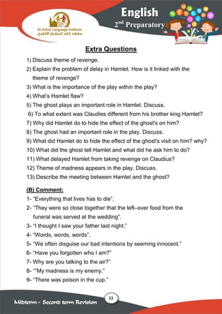 11
2nd
Preparatory
English
Midterm – Second term Revision
Extra Questions
1) Discuss theme of revenge.
2) Explain the problem of delay in Hamlet. How is it linked with the
theme of revenge?
3) What is the importance of the play within the play?
4) What’s Hamlet flaw?
5) The ghost plays an important role in Hamlet. Discuss.
6) To what extent was Claudies different from his brother king Hamlet?
7) Why did Hamlet do to hide the effect of the ghost's on him?
8) The ghost had an important role in the play. Discuss.
9) What did Hamlet do to hide the effect of the ghost's visit on him? why?
10) What did the ghost tell Hamlet and what did he ask him to do?
11) What delayed Hamlet from taking revenge on Claudius?
12) Theme of madness appears in the play. Discuss.
13) Describe the meeting between Hamlet and the ghost?
(B) Comment:
1- “Everything that lives has to die”.
2- “They were so close together that the left–over food from the
funeral was served at the wedding”.
3- “I thought I saw your father last night.”
4- “Words, words, words”.
5- “We often disguise our bad intentions by seeming innocent.”
6- “Have you forgotten who I am?”
7- Why are you talking to the air?”
8- “”My madness is my enemy.”
9- “There was poison in the cup.”
 
