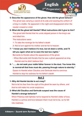 15
2nd
Preparatory
English
Midterm – Second term Revision
5- Describe the appearance of the ghost. How did the ghost behave?
The ghost was carrying a sword at its side and wearing the uniform of
a king in a battle. He appeared in the night and disappeared when the
rooster crowed or cried.
6- What did the ghost tell Hamlet? What instructions did it give to him?
The ghost told Hamlet that his uncle slipped poison in the king’s ear
and killed him.
The instructions were:
1- To take the revenge for his father’s death
2- Not to turn against his mother and let her to heaven.
7- “ I know you don’t believe it’s true, but sit down a while, and I’ll
tell you again what we’ve seen the last two nights.”
Bernardo to Horatio about the appearance of the ghost.
- When Bernardo told Horatio that he saw a ghost appeared as king
Hamlet and he didn’t believe that.
8- “……do not seek your noble father forever in the dust. You know this
is normal-all that lives must die, passing through nature to eternity.”
Queen to Hamlet when Claudius and Gertrude tried to convince
Hamlet to stop his sadness for his father’s death.
Act 2
1- Why did Hamlet decide to act crazy?
Not to let his fear from the sight of the ghost be seen by others, and
that he will make his uncle suspicious.
2- What did Claudius and Gertrude suspect was the cause of
Hamlet’s strange behavior?
When Polonius told Ophelia not to respond to Hamlet’s letter of love.
Hamlet is a prince and love between them must not to be, so he fell
into madness.
 