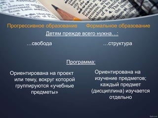 Прогрессивное образование Формальное образование
…свобода
Детям прежде всего нужна…:
…структура
Программа:
Ориентирована на проект
или тему, вокруг которой
группируются «учебные
предметы»
Ориентирована на
изучение предметов;
каждый предмет
(дисциплина) изучается
отдельно
 