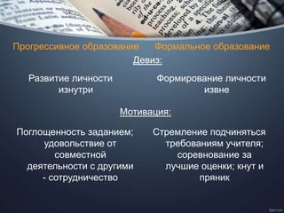 Прогрессивное образование Формальное образование
Развитие личности
изнутри
Девиз:
Формирование личности
извне
Мотивация:
Поглощенность заданием;
удовольствие от
совместной
деятельности с другими
- сотрудничество
Стремление подчиняться
требованиям учителя;
соревнование за
лучшие оценки; кнут и
пряник
 
