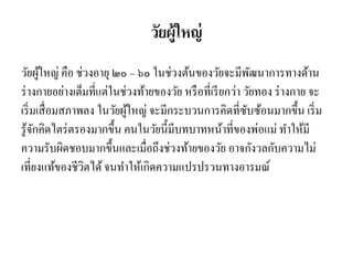 วัยผู้ใหญ่
วัยผู้ใหญ่ คือ ช่วงอายุ ๒๐ – ๖๐ ในช่วงต้นของวัยจะมีพัฒนาการทางด้าน
ร่างกายอย่างเต็มที่แต่ในช่วงท้ายของวัย หรือที่เรียกว่า วัยทอง ร่างกาย จะ
เริ่มเสื่อมสภาพลง ในวัยผู้ใหญ่ จะมีกระบวนการคิดที่ซับซ้อนมากขึ้น เริ่ม
รู้จักคิดไตร่ตรองมากขึ้น คนในวัยนี้มีบทบาทหน้าที่ของพ่อแม่ ทาให้มี
ความรับผิดชอบมากขึ้นและเมื่อถึงช่วงท้ายของวัย อาจกังวลกับความไม่
เที่ยงแท้ของชีวิตได้จนทาให้เกิดความแปรปรวนทางอารมณ์
 