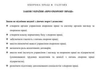 ЗАКОН УКРАЇНИ «ПРО ОХОРОНУ ПРАЦІ»
ОХО Р О Н А П РА Ц І В ГА Л У З Я Х
Закон не відмінив жодної з діючих норм і дозволив:
 створити органи управління охороною праці та систему органів нагляду за
охороною праці;
 створити власну нормативну базу з охорони праці;
 забезпечити гласність з питань охорони праці;
 ввести економічні важелі управління охороною праці;
 визначити роль колективних договорів;
 ввести нові інститути управління і нагляду за охороною праці на підприємстві
(уповноважені трудових колективів та комісії з питань охорони праці
підприємств);
 розпочати підготовку дипломованих спеціалістів з охорони праці.
 