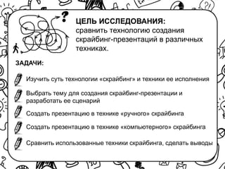 Сравнить использованные техники скрайбинга, сделать выводы
ЦЕЛЬ ИССЛЕДОВАНИЯ:
сравнить технологию создания
скрайбинг-презентаций в различных
техниках.
ЗАДАЧИ:
Изучить суть технологии «скрайбинг» и техники ее исполнения
Выбрать тему для создания скрайбинг-презентации и
разработать ее сценарий
Создать презентацию в технике «ручного» скрайбинга
Создать презентацию в технике «компьютерного» скрайбинга
 