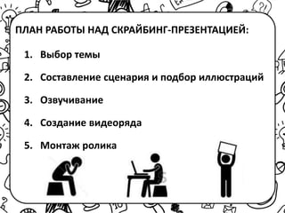 ПЛАН РАБОТЫ НАД СКРАЙБИНГ-ПРЕЗЕНТАЦИЕЙ:
1. Выбор темы
2. Составление сценария и подбор иллюстраций
3. Озвучивание
4. Создание видеоряда
5. Монтаж ролика
 