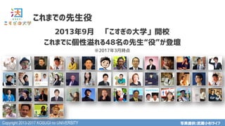 Copyright 2013-2017 KOSUGI no UNIVERSITY
これまでの先生役
写真提供:武蔵小杉ライフ
2013年9月　「こすぎの大学」開校
これまでに個性溢れる48名の先生“役”が登壇
※2017年3月時点
 