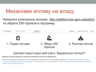 Механізми впливу на владу
Написати електронну петицію http://petition.bmr.gov.ua/public/
та зібрати 250 підписів в підтрим...