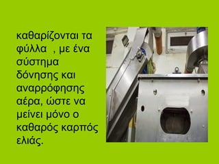 καθαρίζονται τα
φύλλα , με ένα
σύστημα
δόνησης και
αναρρόφησης
αέρα, ώστε να
μείνει μόνο ο
καθαρός καρπός
ελιάς.
 