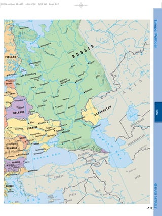 ATLAS
Europe:Political
A17
ESTONIA
BULGARIA
GREECE
MOLDOVA
LATVIA
FINLAND
BELARUS
ROMANIA
R
U
S
S
I A
UKRAINE
K A Z A K H S TA N
Danube
Syr Darya
Crete
DnieperDnies
t
er
N
orthern Dvina
Lake
Onega
Lake
Ladoga
Oka
Lake
Peipus
Rybinsk
Res.
Pechora
U
ral
Volga
Don
Euphrates
Tigris
Amu Darya
Irtysh
Ob'
C
A
S
P
I
A
N
S
E
A
AEG
E
A
N
S
E
A
B L A C K
S E A
Sea of Azov
W H IT
E
S
EA
A N S E A
Aral Sea
Gulf of Finland
ARMENIA
CYPRUS
GEORGIA
LEBANON
SYRIA
AZERBAIJAN
IRAN
AZER.
TURKEY
IRAQ
NORTH
CYPRUS
UZBEKISTAN
TURKMENISTAN
A
S
I
A
Ankara
Nicosia
Beirut
Tbilisi
Yerevan
Baghdad
Tehran
Ashgabat
Baku
Bucharest
Kiev
Minsk
Tallinn
Sofia
Vilnius
Athens
Moscow
Chi ¸sin ˘au
Helsinki
R¯ıga
Oulu
Syktyvkar
Chernobyl
Arkhangel’sk
Bryansk
Homyel’
Yaroslavl’
Lipetsk
Murmansk
Ryazan’
Tula
Tver’
Vitsyebsk
L'viv
Krasnodar
Plovdiv
Sevastopol’
Simferopol’
Stavropol’
Thessaloníki
Varna
Zaporizhzhya
Cluj-Napoca
Kryvyy Rih
Luhans’k
Mariupol’
Kirov
Saratov
Groznyy
Craiova
Izhevsk
Astrakhan’
Ias¸i
Cherepovets
Petrozavodsk
Voronezh
Gala¸ti
Penza
Vinnytsya
St. Petersburg
Donets’k
Kharkiv
Volgograd
Rostov
Odesa
Ufa
Kazan’
Perm’
Samara
Dnipro-
petrovs’k
Istanbul
Nizhniy
Novgorod
70˚ 80˚70˚
80˚
50˚
70˚
60˚
40˚
30˚
40˚ 50˚30˚
40˚ 60˚50˚
60˚30˚
0005b-Atlas A2-A25 10/16/02 9:56 AM Page A17
Page 18 of 26
 