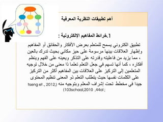 ‫المعرفية‬ ‫النظرية‬ ‫تطبيقات‬ ‫أهم‬
1.‫اإللكترونية‬ ‫المفاهيم‬ ‫خرائط‬:
‫والحقائق‬ ‫األفكار‬ ‫بعرض‬ ‫للمتعلم‬ ‫يسمح‬ ‫الكتروني‬ ‫تطبيق‬‫المفاهيم‬ ‫أو‬
‫بال‬ ‫تدرك‬ ‫بحيث‬ ‫مكاني‬ ‫حيز‬ ‫على‬ ‫مرسومة‬ ‫بينها‬ ‫العالقات‬ ‫وإظهار‬‫عين‬
‫الفهم‬ ‫على‬ ‫ويعينه‬ ‫التذكر‬ ‫على‬ ‫وقدرته‬ ‫فاعليته‬ ‫من‬ ‫يزيد‬ ‫مما‬ ،‫وينظم‬
‫ت‬ ‫خالل‬ ‫من‬ ‫معنى‬ ‫ذا‬ ‫تعلما‬ ‫التعلم‬ ‫جعل‬ ‫في‬ ‫تسهم‬ ‫أنها‬ ‫كما‬ ، ‫أفكاره‬‫وجيه‬
‫من‬ ‫أكثر‬ ‫المفاهيم‬ ‫بين‬ ‫العالقات‬ ‫على‬ ‫التركيز‬ ‫إلى‬ ‫المتعلمين‬‫التركيز‬
‫ال‬ ‫تنظيم‬ ‫المعنى‬ ‫ذو‬ ‫التعلم‬ ‫يتطلب‬ ‫حيث‬ ‫نفسها‬ ‫الكلمات‬ ‫على‬‫محتوى‬
‫مخطط‬ ‫في‬ ‫جيدا‬‫منه‬ ‫وبتوجيه‬ ‫المعلم‬ ‫إشراف‬ ‫تحت‬(,2012,.tseng et
al ;44,2010schaal,103)
 