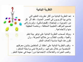 ‫البنائية‬ ‫النظرية‬
•‫التعليم‬ ‫نظريات‬ ‫أكثر‬ ‫من‬ ‫البنائية‬ ‫النظرية‬ ‫تعد‬‫التي‬
‫أ‬ ‫فقد‬ ، ‫الحديث‬ ‫العصر‬ ‫في‬ ‫التربويون‬ ‫بها‬ ‫ينادي‬‫ثر‬‫كل‬
‫من‬( :‫ديوي‬)‫و‬ ،(‫بياجيه‬)،(‫فيجوتسكي‬)‫و‬ ،(‫برونر‬)‫في‬
‫ال‬ ‫وخاصة‬ ، ‫المختلفة‬ ‫التعليمية‬ ‫المواقف‬ ‫تصميم‬‫حقيقية‬
‫واالجتماعية‬ ‫منها‬.
•‫بي‬ ‫توفير‬ ‫على‬ ‫البنائية‬ ‫النظرية‬ ‫أصحاب‬ ‫ويؤكد‬‫تعلم‬ ‫ئة‬
‫وأن‬ ، ‫المعرفة‬ ‫خاللها‬ ‫من‬ ‫الطالب‬ ‫يكتسب‬ ، ‫واقعية‬
‫التعلم‬ ‫ألهداف‬ ‫مناسبة‬ ‫البيئة‬ ‫هذه‬ ‫تكون‬.
•‫م‬ ‫ينشؤن‬ ‫المتعلمين‬ ‫أن‬ ‫اعتقاد‬ ‫على‬ ‫البنائية‬ ‫النظرية‬ ‫وتقوم‬‫عرفتهم‬
‫المتعل‬ ‫بواسطة‬ ‫تبنى‬ ‫والمعرفة‬ ، ‫خبراتهم‬ ‫خالل‬ ‫من‬ ‫الشخصية‬، ‫م‬
‫ال‬ ‫عملية‬ ‫في‬ ‫مهمة‬ ‫دورا‬ ‫االجتماعية‬ ‫والتفاعالت‬ ‫الخبرات‬ ‫وتلعب‬‫تعلم‬.
 