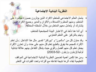 ‫االجتماعية‬ ‫البنائية‬ ‫النظرية‬
•‫مبا‬ ‫بصورة‬ ‫يؤثرون‬ ‫الذين‬ ‫االفراد‬ ‫للمتعلم‬ ‫االجتماعي‬ ‫العالم‬ ‫يشمل‬‫على‬ ‫شرة‬
‫الذي‬ ‫االفراد‬ ‫وجميع‬ ‫والمدير‬ ‫واالقران‬ ‫واالصدقاء‬ ‫المعلم‬ ‫ومنهم‬ ،‫المتعلم‬‫ن‬
‫المختلفة‬ ‫انشطته‬ ‫خالل‬ ‫من‬ ‫المتعلم‬ ‫معهم‬ ‫يتعامل‬ ‫أو‬ ‫يتشارك‬.
•،‫للمتعلم‬ ‫المجتمعية‬ ‫البيئة‬ ‫االعتبار‬ ‫في‬ ‫نأخذ‬ ‫هنا‬ ‫أننا‬ ‫أي‬
‫التعاوني‬ ‫التعلم‬ ‫على‬ ‫بالتركيز‬ ‫ونهتم‬
•‫من‬ ‫كل‬ ‫حاول‬ ‫وقد‬"‫سالمون‬"‫و‬"‫بيركنز‬"‫التداخل‬ ‫هذا‬ ‫مثل‬ ‫تفسير‬:‫بأن‬‫تعلم‬
‫األ‬ ‫تعاون‬ ‫وأن‬ ،‫حدة‬ ‫على‬ ‫منهم‬ ‫كل‬ ‫تعلم‬ ‫بالطبع‬ ‫يفوق‬ ‫كمجموعة‬ ‫األفراد‬‫فراد‬
‫عالق‬ ‫بينهم‬ ‫التفاعل‬ ‫يشكل‬ ‫حيث‬ ‫واقوي‬ ‫أفضل‬ ‫منهم‬ ‫كل‬ ‫تعلم‬ ‫يجعل‬‫تبادلية‬ ‫ة‬
‫لولبية‬(.، ‫وزيتون‬ ‫زيتون‬2003،52)
•‫المواق‬ ‫في‬ ‫االجتماعية‬ ‫البنائية‬ ‫النظرية‬ ‫تضمين‬ ‫أهمية‬ ‫تكمن‬ ‫هنا‬ ‫ومن‬‫ف‬
‫في‬ ‫القنوات‬ ‫وتعدد‬ ‫أقرانه‬ ‫مع‬ ‫تفاعله‬ ‫نتيجة‬ ‫أثرها‬ ‫لبقاء‬ ‫التعليمية‬‫التعلم‬.
 