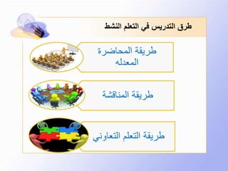 ‫النشط‬ ‫التعلم‬ ‫في‬ ‫التدريس‬ ‫طرق‬
‫المحاضرة‬ ‫طريقة‬
‫المعدله‬
‫المناقشة‬ ‫طريقة‬
‫التعاو‬ ‫التعلم‬ ‫طريقة‬‫ني‬
 