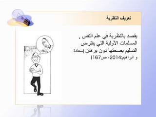 ‫النظرية‬ ‫تعريف‬
‫النف‬ ‫علم‬ ‫في‬ ‫بالنظرية‬ ‫يقصد‬‫س‬,
‫يفترض‬ ‫التي‬ ‫األولية‬ ‫المسلمات‬
‫برهان‬ ‫دون‬ ‫بصحتها‬ ‫التسليم‬(‫سعادة‬
‫ابراهيم‬ ‫و‬:2014‫ص‬ ،167)
 
