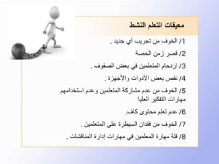 ‫النشط‬ ‫التعلم‬ ‫معيقات‬
1/‫جديد‬ ‫أي‬ ‫تجريب‬ ‫من‬ ‫الخوف‬.
2/‫الحصة‬ ‫زمن‬ ‫قصر‬
3/‫الصفوف‬ ‫بعض‬ ‫في‬ ‫المتعلمين‬ ‫ازدحام‬.
4/‫واألجهزة‬ ‫األدوات‬ ‫بعض‬ ‫نقص‬.
5/‫استخدامهم‬ ‫وعدم‬ ‫المتعلمين‬ ‫مشاركة‬ ‫عدم‬ ‫من‬ ‫الخوف‬
‫العليا‬ ‫التفكير‬ ‫مهارات‬
6/‫كاف‬ ‫محتوى‬ ‫تعلم‬ ‫عدم‬.
7/‫المتعلمين‬ ‫على‬ ‫السيطرة‬ ‫فقدان‬ ‫من‬ ‫الخوف‬.
8/‫المناقشات‬ ‫إدارة‬ ‫مهارات‬ ‫في‬ ‫المعلمين‬ ‫مهارة‬ ‫قلة‬.
 