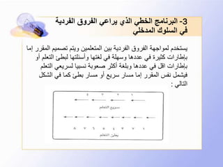 3-‫الفردي‬ ‫الفروق‬ ‫يراعي‬ ‫الذي‬ ‫الخطي‬ ‫البرنامج‬‫ة‬
‫المدخلي‬ ‫السلوك‬ ‫في‬
‫تصمي‬ ‫ويتم‬ ‫المتعلمين‬ ‫بين‬ ‫الفردية‬ ‫الفروق‬ ‫لمواجهة‬ ‫يستخدم‬‫إما‬ ‫المقرر‬ ‫م‬
‫الت‬ ‫لبطئ‬ ‫وأسئلتها‬ ‫لغتها‬ ‫في‬ ‫وسهلة‬ ‫عددها‬ ‫في‬ ‫كثيرة‬ ‫بإطارات‬‫أو‬ ‫علم‬
‫الت‬ ‫لسريعي‬ ‫نسبيا‬ ‫صعوبة‬ ‫أكثر‬ ‫وبلغة‬ ‫عددها‬ ‫في‬ ‫اقل‬ ‫بإطارات‬‫علم‬
‫الشك‬ ‫في‬ ‫كما‬ ‫بطئ‬ ‫مسار‬ ‫أو‬ ‫سريع‬ ‫مسار‬ ‫إما‬ ‫المقرر‬ ‫نفس‬ ‫فيشمل‬‫ل‬
‫التالي‬:
 