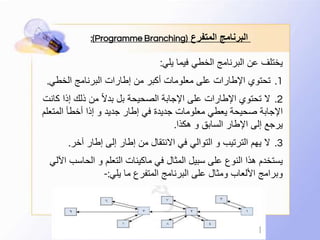 ‫المتفرع‬ ‫البرنامج‬(Programme Branching:)
‫يلي‬ ‫فيما‬ ‫الخطي‬ ‫البرنامج‬ ‫عن‬ ‫يختلف‬:
1.‫الخطي‬ ‫البرنامج‬ ‫إطارات‬ ‫من‬ ‫أكبر‬ ‫معلومات‬ ‫على‬ ‫اإلطارات‬ ‫تحتوي‬.
2.‫كا‬ ‫إذا‬ ‫ذلك‬ ‫من‬ ً‫ال‬‫بد‬ ‫بل‬ ‫الصحيحة‬ ‫اإلجابة‬ ‫على‬ ‫اإلطارات‬ ‫تحتوي‬ ‫ال‬‫نت‬
‫المتعل‬ ‫أخطأ‬ ‫إذا‬ ‫و‬ ‫جديد‬ ‫إطار‬ ‫في‬ ‫جديدة‬ ‫معلومات‬ ‫يعطي‬ ‫صحيحة‬ ‫اإلجابة‬‫م‬
‫هكذا‬ ‫و‬ ‫السابق‬ ‫اإلطار‬ ‫إلى‬ ‫يرجع‬.
3.‫آخر‬ ‫إطار‬ ‫إلى‬ ‫إطار‬ ‫من‬ ‫االنتقال‬ ‫في‬ ‫التوالي‬ ‫و‬ ‫الترتيب‬ ‫يهم‬ ‫ال‬.
‫الحاسب‬ ‫و‬ ‫التعلم‬ ‫ماكينات‬ ‫في‬ ‫المثال‬ ‫سبيل‬ ‫على‬ ‫النوع‬ ‫هذا‬ ‫يستخدم‬‫اآللي‬
‫يلي‬ ‫ما‬ ‫المتفرع‬ ‫البرنامج‬ ‫على‬ ‫ومثال‬ ‫األلعاب‬ ‫وبرامج‬:-
 