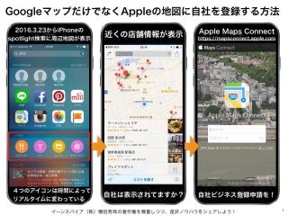 イーンスパイア（株）横田秀珠の著作権を尊重しつつ、是非ノウハウをシェアしよう！ 1
GoogleマップだけでなくAppleの地図に自社を登録する方法
https://mapsconnect.apple.com
Apple Maps Connect
自社ビジネス登録申請を！
2016.3.23からiPhoneの
spotlight検索に周辺地図が表示
 ４つのアイコンは時間によって
リアルタイムに変わっている
 近くの店舗情報が表示
自社は表示されてますか？
 