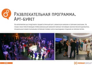 Развлекательная программа.
Арт-буфет
13
На мероприятии был представлен свежий устричный бар с ароматным хамоном и горячими закусками. На
глазах у всех присутствующих профессиональный хамонеро разрезал тончайшие кусочки мясного деликатеса,
специальным ножом разламывал огромную головку сыра и выкладывал угощения на тарелки гостям.
 