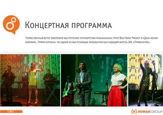 Концертная программа
18
Торжественный вечер завершили выступления петербургских музыкальных групп Beat Band Project и «День космо-
навтики». Примечательно, что одним из выступающих музыкантов был будущий житель ЖК «Привилегия».
 