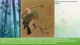 В Китаї була розповсюджена традиція спостережень за природою навіть в
віддалених селах. А художники жанру «Птахи і квіти» впродовж довгого вивчення
квітів і птахів ставали справжніми ботаніками і орнітологами.
Гуйзонг. «Голуб на гілці розквітлого
дерева»
 