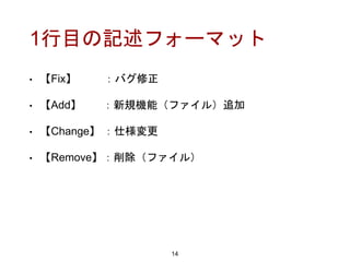 1行目の記述フォーマット
• 【Fix】 ：バグ修正
• 【Add】 ：新規機能（ファイル）追加
• 【Change】 ：仕様変更
• 【Remove】：削除（ファイル）
14
 