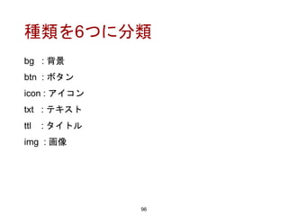種類を6つに分類
96
bg : 背景
btn : ボタン
icon : アイコン
txt : テキスト
ttl : タイトル
img : 画像
 