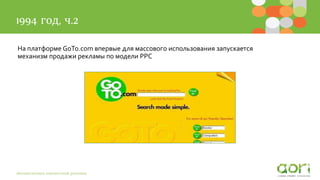1994 год, ч.2
Автоматизация контекстной рекламы
На платформе GoTo.com впервые для массового использования запускается
механизм продажи рекламы по модели PPC
 