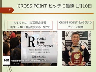 CROSS POINT ピッチに優勝 1月10日
R-SIC inつくば国際会議場
1月9日・10日 社会を変える、繋がり
CROSS POINT 6分30秒の
ピッチに優勝
2
 