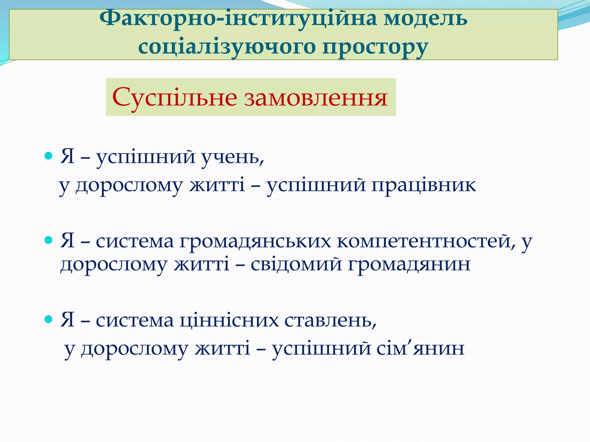 Факторно-інституційна модель
соціалізуючого простору
 Я – успішний учень,
у дорослому житті – успішний працівник
 Я – система громадянських компетентностей, у
дорослому житті – свідомий громадянин
 Я – система ціннісних ставлень,
у дорослому житті – успішний сім’янин
Суспільне замовлення
 