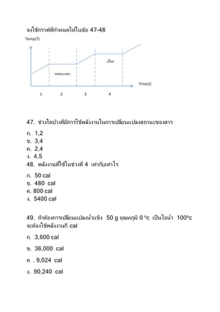 จงใช้กราฟที่กาหนดให้ในข้อ 47-48
47. ช่วงใดบ้างที่มีการใช้พลังงานในการเปลี่ยนแปลงสถานะของสาร
ก. 1,2
ข. 3,4
ค. 2,4
ง. 4,5
48. พลังงานที่ใช้ในช่วงที่ 4 เท่ากับเท่าไร
ก. 50 cal
ข. 480 cal
ค. 800 cal
ง. 5400 cal
49. ถ้าต้องการเปลี่ยนแปลงน้าแข็ง 50 g อุณหภูมิ 0 o
c เป็นไอน้า 100o
c
จะต้องใช้พลังงานกี่ cal
ก. 3,600 cal
ข. 36,000 cal
ค . 9,024 cal
ง. 90,240 cal
หลอมเหลว
เดือด
Temp(T)
Time(t)
1 2 3 4
 