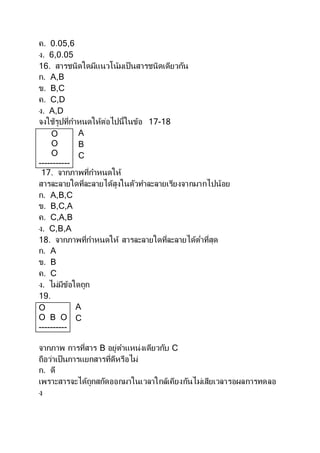 ค. 0.05,6
ง. 6,0.05
16. สารชนิดใดมีแนวโน้มเป็นสารชนิดเดียวกัน
ก. A,B
ข. B,C
ค. C,D
ง. A,D
จงใช้รูปที่กาหนดให้ต่อไปนี้ในข้อ 17-18
A
B
C
17. จากภาพที่กาหนดให้
สารละลายใดที่ละลายได้สูงในตัวทาละลายเรียงจากมากไปน้อย
ก. A,B,C
ข. B,C,A
ค. C,A,B
ง. C,B,A
18. จากภาพที่กาหนดให้ สารละลายใดที่ละลายได้ต่าที่สุด
ก. A
ข. B
ค. C
ง. ไม่มีข้อใดถูก
19.
A
C
จากภาพ การที่สาร B อยู่ตาแหน่งเดียวกับ C
ถือว่าเป็นการแยกสารที่ดีหรือไม่
ก. ดี
เพราะสารจะได้ถูกสกัดออกมาในเวลาใกล้เคียงกันไม่เสียเวลารอผลการทดลอ
ง
O
O
O
-----------
O
O B O
----------
 