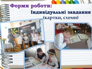 Індивідуальні завдання
(картки, схеми)
Форми роботи:
 
