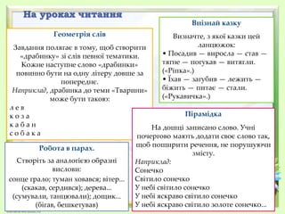 Робота в парах.
Створіть за аналогією образні
вислови:
сонце грало; туман ховався; вітер...
(скакав, сердився); дерева...
(сумували, танцювали); дощик...
(бігав, бешкетував)
Геометрія слів
Завдання полягає в тому, щоб створити
«драбинку» зі слів певної тематики.
Кожне наступне слово «драбинки»
повинно бути на одну літеру довше за
попереднє.
Наприклад, драбинка до теми «Тварини»
може бути такою:
л е в
к о з а
к а б а н
с о б а к а
Пірамідка
На дошці записано слово. Учні
почергово мають додати своє слово так,
щоб поширити речення, не порушуючи
змісту.
Наприклад:
Сонечко
Світило сонечко
У небі світило сонечко
У небі яскраво світило сонечко
У небі яскраво світило золоте сонечко...
Впізнай казку
Визначте, з якої казки цей
ланцюжок:
• Посадив — виросла — став —
тягне — погукав — витягли.
(«Ріпка».)
• Їхав — загубив — лежить —
біжить — питає — стали.
(«Рукавичка».)
На уроках читання
 