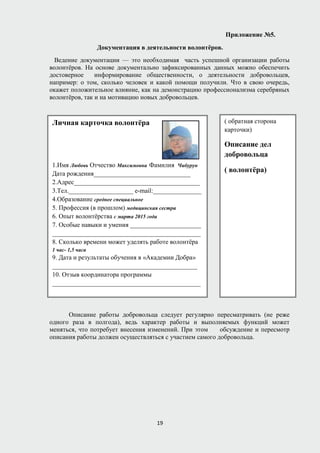 Приложение №5.
Документация в деятельности волонтёров.
Ведение документации — это необходимая часть успешной организации работы
волонтёров. На основе документально зафиксированных данных можно обеспечить
достоверное информирование общественности, о деятельности добровольцев,
например: о том, сколько человек и какой помощи получили. Что в свою очередь,
окажет положительное влияние, как на демонстрацию профессионализма серебряных
волонтёров, так и на мотивацию новых добровольцев.
Описание работы добровольца следует регулярно пересматривать (не реже
одного раза в полгода), ведь характер работы и выполняемых функций может
меняться, что потребует внесения изменений. При этом обсуждение и пересмотр
описания работы должен осуществляться с участием самого добровольца.
Личная карточка волонтёра
1.Имя Любовь Отчество Максимовна Фамилия Чибурун
Дата рождения______________________________
2.Адрес_______________________________________
3.Тел.____________________ е-mail:_______________
4.Образование среднее специальное
5. Профессия (в прошлом) медицинская сестра
6. Опыт волонтёрства с марта 2015 года
7. Особые навыки и умения ______________________
______________________________________________
8. Сколько времени может уделять работе волонтёра
1 час- 1,5 часа
9. Дата и результаты обучения в «Академии Добра»
_____________________________________________
10. Отзыв координатора программы
______________________________________________
( обратная сторона
карточки)
Описание дел
добровольца
( волонтёра)
19
 