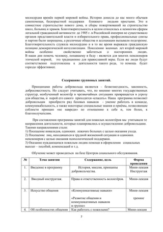 милосердия времён первой мировой войны. История донесла до нас много обычаев
самопомощи, бескорыстной поддержки ближнего людьми простыми. Это и
совместное строительство нового дома, и сборы пожертвований на строительство
школ, больниц и храмов. Благотворительность в целом относилась к немногим сферам
легальной гражданской активности: до 1905 г. в Российской империи не существовало
органов представительной власти и избирательного права, профессиональные союзы
и партии были запрещены, а различные общества и ассоциации вызывали подозрение.
Благотворительность служила милосердию и в то же время выражала гражданскую
позицию демократической интеллигенции. Поколению военных лет второй мировой
войны особенно свойственно заботиться о посторонних людях.
В наши дни помочь человеку, попавшему в беду - является для многих пенсионеров
этической нормой, это традиционно для православной веры. Если же люди будут
соответственно подготовлены к деятельности такого рода, то помощь будет
гораздо эффективнее.
Содержание групповых занятий.
Принципами работы добровольца являются – безвозмездность, законность,
добросовестность. Но следует учитывать, что, по мнению многих государственных
структур, необученный волонтёр в чрезвычайных ситуациях превращается в угрозу
для общества, и порой его самого приходится «спасать». Наша программа позволяет
добровольцам приобрести ряд базовых навыков - умение работать в команде,
коммуникабельность, а также некоторые специальные знания и приёмы, позволяющие
соблюсти принцип «не навреди» по отношению к себе и, тем более, к
благополучателям.
При составлении программы занятий для пожилых волонтёров мы учитывали те
направления деятельности, которые планировались к осуществлению добровольцами.
Такими направлениями стали:
1) Посещение инвалидов, одиноких лежачих больных с целью оказания ухода.
2) Посещение лиц, находящихся в трудной жизненной ситуации и одиноких
пенсионеров с целью оказания психологической поддержки.
3) Оказание нуждающимся пожилым людям помощи в оформлении социальных
выплат – пособий, компенсаций и т.д.
Обучение может проводиться на базе Центров социального обслуживания.
№ Тема занятия Содержание, цель Форма
проведения
1. Введение в программу История, миссия, принципы
добровольчества.
Мини-лекция
Инструктаж
2. Вводный инструктаж. Права и ответственность волонтёров. Мини-лекция
3. Искусство общения «Коммуникативные навыки»
«Развитие общения и
коммуникативных навыков
в группе»
Мини-лекция
тренинг
4. Об особенностях общения Как работать с пожилыми? Мини-лекция
7
 