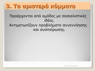 3. Τα αριστερά κόμματα3. Τα αριστερά κόμματα
Προέρχονται από ομάδες με σοσιαλιστικές
ιδέες.
Αντιμετωπίζουν προβλήματα συνεννόησης
και συσπείρωσης.
http://users.sch.gr/symfo 13
 