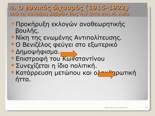 4. Ο εθνικός διχασμός (1915-1922)4. Ο εθνικός διχασμός (1915-1922)
από τη συνθήκη Σεβρών έως την ήττα στη Μ. Ασίααπό τη συνθήκη Σεβρών έως την ήττα στη Μ. Ασία
Προκήρυξη εκλογών αναθεωρητικής
βουλής.
Νίκη της ενωμένης Αντιπολίτευσης.
Ο Βενιζέλος φεύγει στο εξωτερικό
Δημοψήφισμα.
Επιστροφή του Κωνσταντίνου
Συνεχίζεται η ίδια πολιτική.
Κατάρρευση μετώπου και ολοκληρωτική
ήττα.
http://users.sch.gr/symfo 21
 