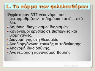 1. Το κόμμα των φιλελευθέρων1. Το κόμμα των φιλελευθέρων
Ψηφίστηκαν 337 νέοι νόμοι που
μεταρρυθμίζουν το δημόσιο και ιδιωτικό
βίο.
Δημόσιοι διαγωνισμοί διορισμών.
Κανονισμοί εργσίας σε βιοτεχνίες και
βιομηχανίες.
Διανομή γης στη Θεσσαλία.
Αναδιοργάνωση τοπικής αυτοδιοίκησης.
Απονομή δικαιοσύνης.
Αναθεώρηση κανονισμού Βουλής.
http://users.sch.gr/symfo 6
 