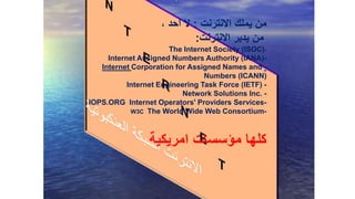 ‫االنترنت‬ ‫يملك‬ ‫من‬:‫احد‬ ‫ال‬،
‫االنترنت‬ ‫يدير‬ ‫من‬:
-The Internet Society (ISOC)
-Internet Assigned Numbers Authority (IANA)
-Internet Corporation for Assigned Names and
Numbers (ICANN)
-Internet Engineering Task Force (IETF)
-Network Solutions Inc.
-Internet Operators' Providers ServicesIOPS.ORG
-The World Wide Web ConsortiumW3C
‫امريكية‬ ‫مؤسسات‬ ‫كلها‬
 