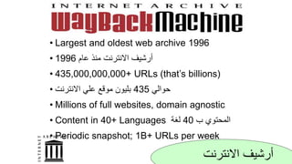 • Largest and oldest web archive 1996
• ‫عام‬ ‫منذ‬ ‫االنترنت‬ ‫أرشيف‬1996
• 435,000,000,000+ URLs (that’s billions)
• ‫حوالي‬435‫االنترنت‬ ‫علي‬ ‫موقع‬ ‫بليون‬
• Millions of full websites, domain agnostic
• Content in 40+ Languages ‫ب‬ ‫المحتوي‬40‫لغة‬
• Periodic snapshot; 1B+ URLs per week
‫االنترنت‬ ‫أرشيف‬
 